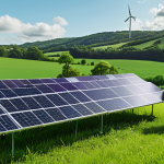 ** A lush, green field with solar panels in the background, representing renewable energy projects. Include a diverse group of people working together to install the panels, highlighting community involvement.

**