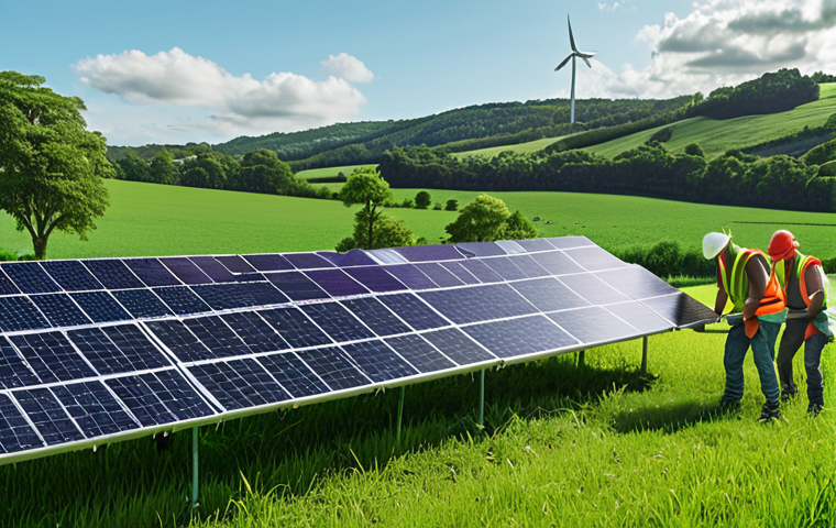 ** A lush, green field with solar panels in the background, representing renewable energy projects. Include a diverse group of people working together to install the panels, highlighting community involvement.
**